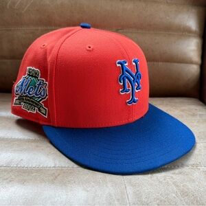 New Era Fitted New York Mets Orange Crown, Blue Visor, Gray UV  7-3/8 Worn